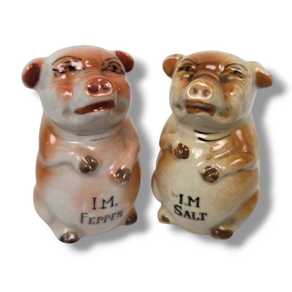 Vintage Pig Salt And Pepper Shaker Set Porky Potbelly Piggies Farmhouse Kitchen